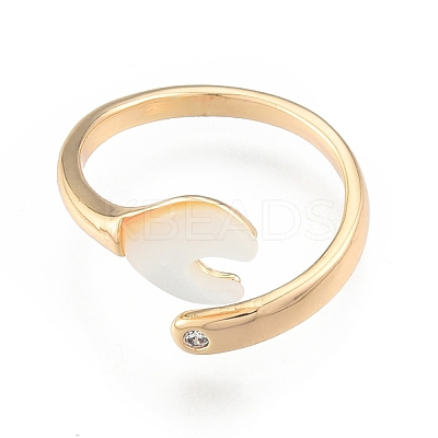 Natural Shell Heart Open Cuff Ring with Clear Cubic Zirconia RJEW-N039-09LG-1