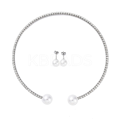 Round Plastic Imitation Pearl Stud Earrings & Rhinestone Cuff Choker Necklaces Sets SJEW-U003-04P-1