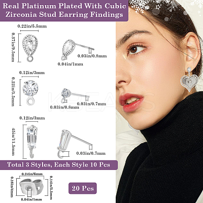30Pcs 3 Style Teardrop & Trapezoid Shape Brass with Clear Cubic Zirconia Stud Earring Findings KK-BBC0013-56-1