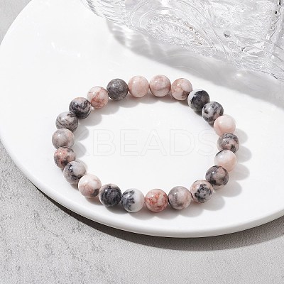 Natural Pink Zebra Jasper Round Beaded Stretch Bracelets BJEW-JB09832-1