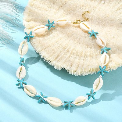 Natural Shell & Synthetic Turquoise Starfish Beaded Necklace with 304 Stainless Steel Clasps NJEW-TA00107-01-1