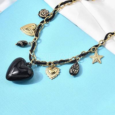 304 Stainless Steel & Acrylic Black Heart Pendant Bib Necklaces for Women NJEW-A063-04G-1