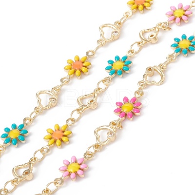 Handmade Eco-friendly Brass Enamel Flower & Heart Link Chain CHC-E025-35G-1