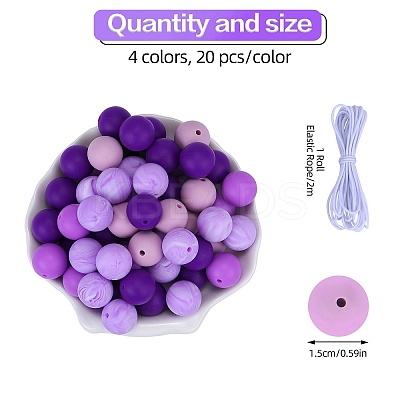 80Pcs 4 Style Round Silicone Focal Beads SIL-SZ0001-22D-1