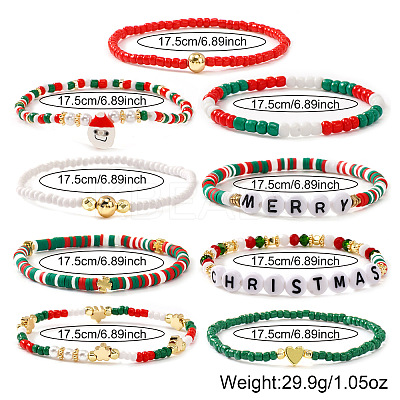 9Pcs Christmas Acrylic & Polymer Clay & Glass Beads Stretch Bracelets QX4351-7-1