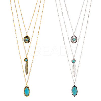 2Pcs 2 Colors Flower & Feather & Oval Imitation Turquoise Pendants 3 Layer Necklaces Set NJEW-AN0001-06-1