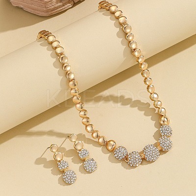 Brass Crystal Rhinestone Flat Round Link Chain Necklaces & Stud Dangle Earrings Sets for Women FS-WG8EC1E-01-1