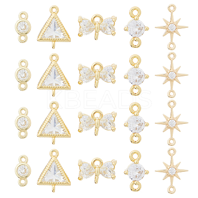 20Pcs 5 Styles Brass Pave Clear Cubic Zirconia Connector Charms KK-HS0001-30-1