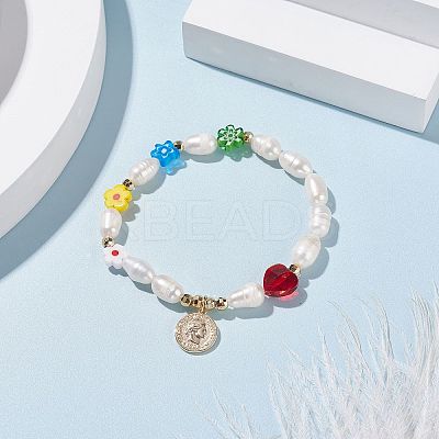 Natural Pearl & Millefiori Glass Beaded Stretch Bracelet with Heart and Coin Charm for Women BJEW-TA00060-1