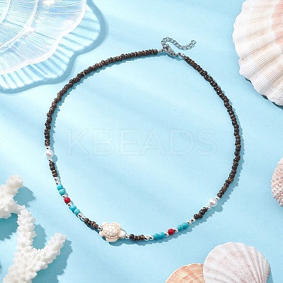 Summer Beach Synthetic Turquoise & Natural Coconut Beaded Neklaces NJEW-JN05208-02-1