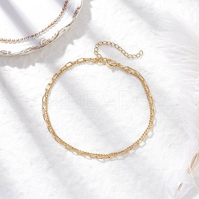 Brass Paperclip Chain and 304 Stainless Steel Ball Chain Double Layer Anklets for Women AJEW-AN00711-1
