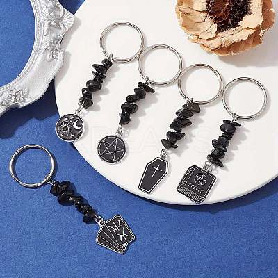 5Pcs Natural Obsidian Chip & Alloy Enamel Kcychain KEYC-JKC00604-S-1