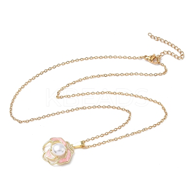 Brass Enamel Pink Flower Pendant 304 Stainless Steel Chain Necklaces for Women NJEW-D341-04G-1