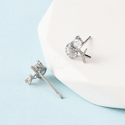 Starfish with Shell Shape Brass Micro Pave Clear Cubic Zirconia Stud Earrings EJEW-L278-05P-1