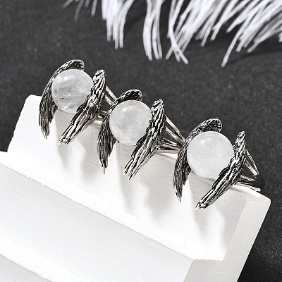 Natural Quartz Crystal Wings Adjustable Rings RJEW-K241-04AS-07-1