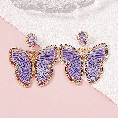 Bohemian Ethnic Style Alloy Frame Cotton Thread Woven Butterfly Stud Dangle Earrings for Women  FG8172-3-1