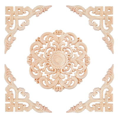5Pcs 2 Styles Wood Carved Onlay Applique Craft AJEW-DC0001-66-1