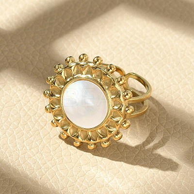 Flat Round 304 Stainless Steel White Shell Finger Rings for Women RJEW-G346-08G-02-1