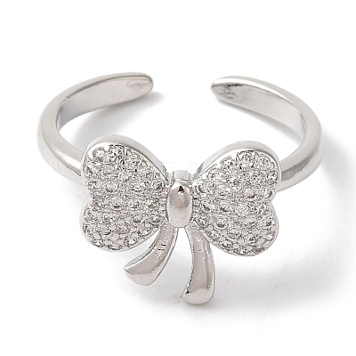 Bowknot Brass Micro Pave Clear Cubic Zirconia Open Cuff Rings for Women RJEW-C098-03P-1