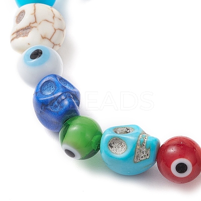 Halloween Dyed Synthetic Turquoise Skull & Lampwork Evil Eye Round Beaded Stretch Bracelets for Women Men BJEW-JB12268-03-1