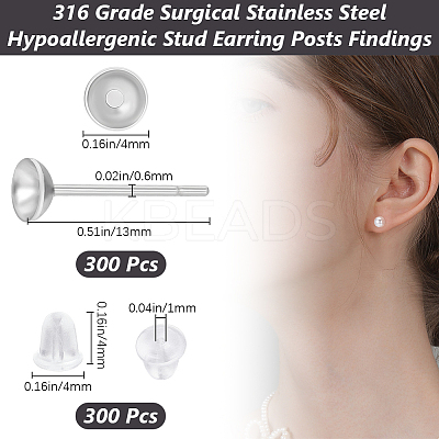 300Pcs 304 Stainless Steel Studs Earring Finding EJEW-BBC0001-67A-1