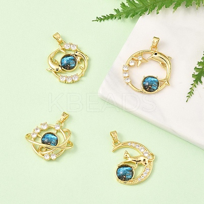 4Pcs 4 Styles Brass Micro Pave Clear Cubic Zirconia with Glass Pendants KK-YW0003-02-1