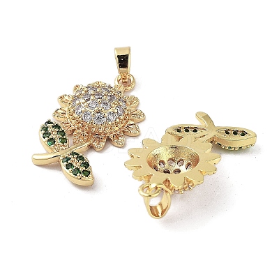 Sunflower Charms Rack Plating Brass Micro Pave Clear Cubic Zirconia Pendants KK-G482-16G-1