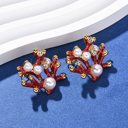 304 Stainless Steel Enamel Coral Shape Stud Earrings EJEW-L304-11G-1