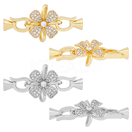 4 Sets 2 Colors Rack Plating Flower Brass Pave Clear Cubic Zirconia Fold Over Clasps KK-FH0006-91-1