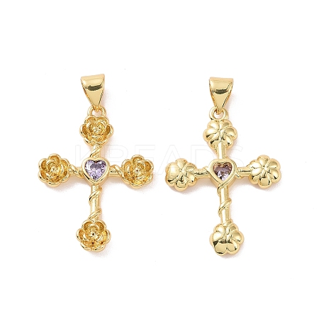 Cross with Flower Brass Micro Pave Cubic Zirconia Pendants KK-G435-06G-05-1