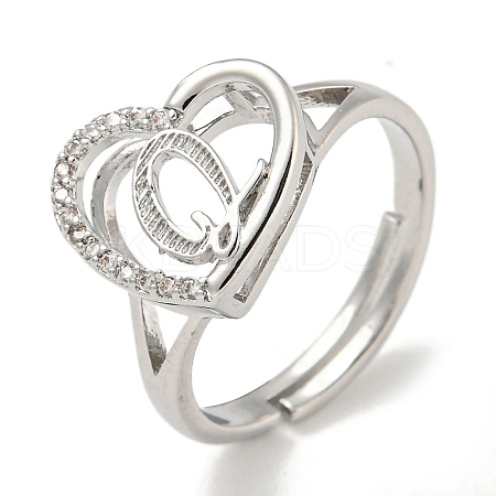 Heart with Letter Rack Plating Brass Micro Pave Cubic Zirconia Adjustable Rings for Women RJEW-I105-06P-Q-1