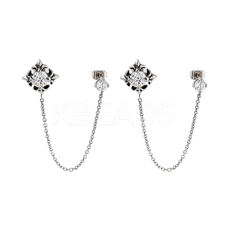 Flower 316 Surgical Stainless Steel Pave Clear Cubic Zirconia Dangle Chains Stud Earrings EJEW-Z050-61AS-1