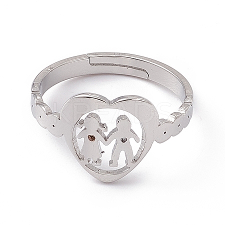 Non-Tarnish 201 Stainless Steel Heart with Lovers Adjustable Ring for Valentine's Day RJEW-K238-11P-1