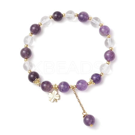 Natural Quartz Crystal & Amethyst Round Beaded Stretch Bracelets BJEW-JB11935-03-1