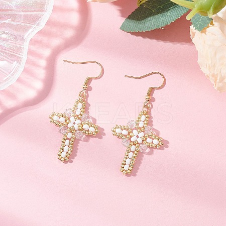 304 Stainless Steel Glass Seeds Cross Dangle Earrings EJEW-MZ00506-01-1
