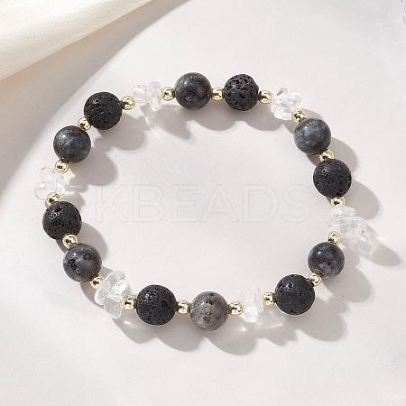 Natural Quartz Crystal & Lava Rock & Larvikite Stretch Bracelets for Women BJEW-JB13188-1