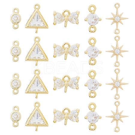 20Pcs 5 Styles Brass Pave Clear Cubic Zirconia Connector Charms KK-HS0001-30-1