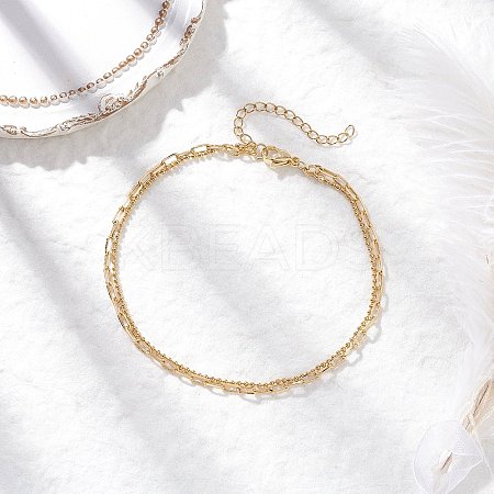 Brass Paperclip Chain and 304 Stainless Steel Ball Chain Double Layer Anklets for Women AJEW-AN00711-1