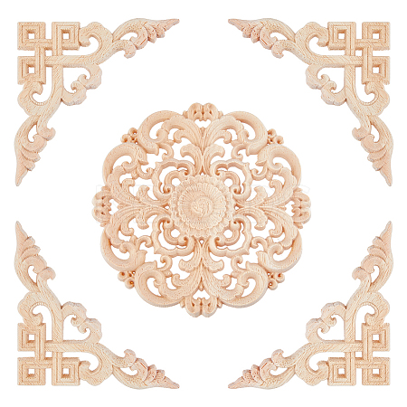 5Pcs 2 Styles Wood Carved Onlay Applique Craft AJEW-DC0001-66-1