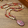 Natural Rhodonite Flat Teardrop Pendant Round Gems and Cube Glass Beaded Long Necklaces for Women FS-WG9FE58-10-1