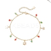 Christmas Brass Pave Clear Cubic Zirconia Snowflake & 304 Stainless Steel Star and Round Glass Tassel Brass Paperclip Chain Anklets AJEW-AN00753-1