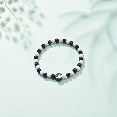 Polymer Clay Yin Yang & Acrylic Round Beaded Stretch Bracelet for Women BJEW-JB08529-1