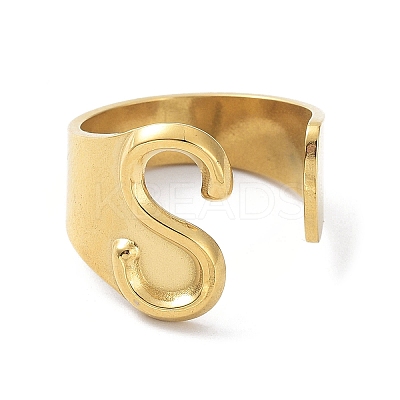 Real 18K Gold Plated 304 Stainless Steel Initial Letter Open Cuff Rings RJEW-L109-007G-S-1