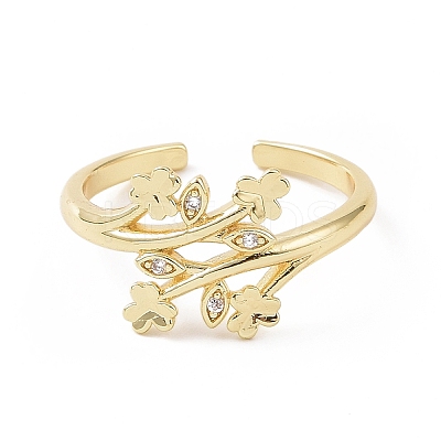 Clear Cubic Zirconia Clover & Leaf Open Cuff Ring RJEW-E072-07G-1