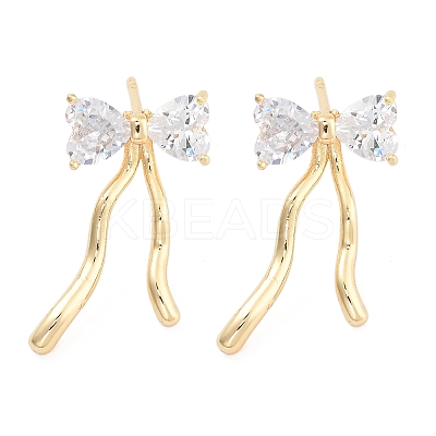 Bowknot Brass Pave Clear Cubic Zirconia Stud Earrings for Women EJEW-S216-02B-G-1