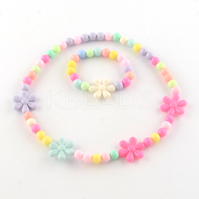 Flower Acrylic Pendant Necklaces and Stretch Bracelets Jewelry Sets SJEW-R048-05-1