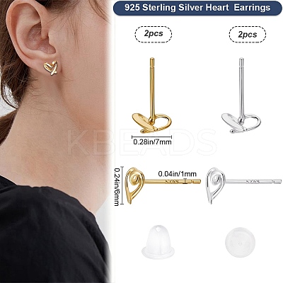2 Pairs 2 Colors Hollow Heart Rhodium Plated 925 Sterling Silver Stud Earrings EJEW-BBC0001-32-1