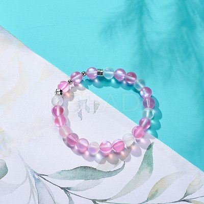 Synthetic Moonstone & Brass Beaded Stretch Bracelet for Women BJEW-JB08845-1