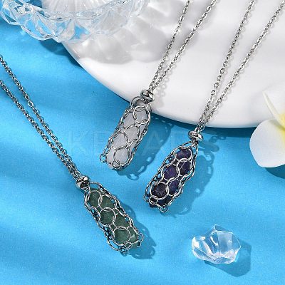 3Pcs 3 Styles Natural Rose Quartz & Green Aventurine & Amethyst Macrame Pouch Faceted Bullet Pendant Necklaces NJEW-JN05090-1