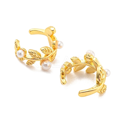 Rack Plating Brass Leaf Cuff Earrings with Plastic Pearl EJEW-A028-56G-1